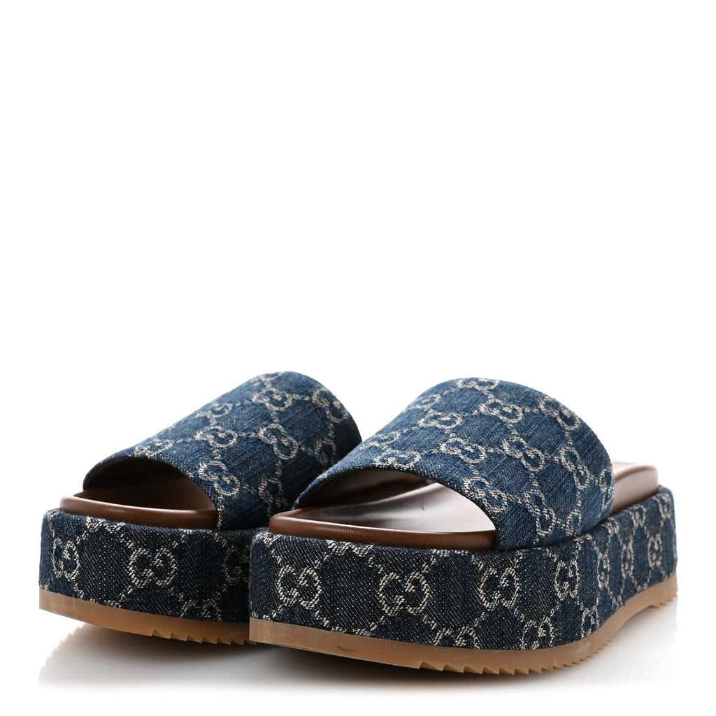 New Denim GG Monogram Angelina Platform 55mm Slide Sandals 36 Blue Tea