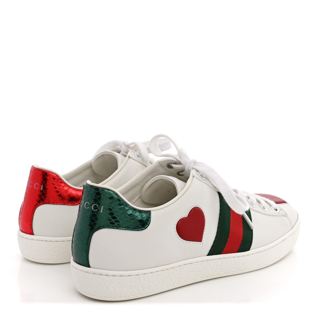 Calfskin Web Heart Embroidered Womens Ace Sneakers 36 White