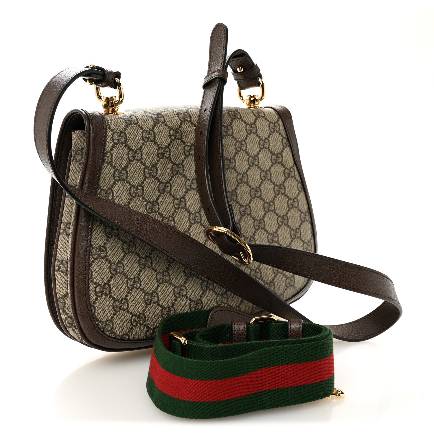 GG Supreme Monogram Textured Dollar Calfskin Web Medium Blondie Shoulder Flap Bag Beige Ebony New Acero
