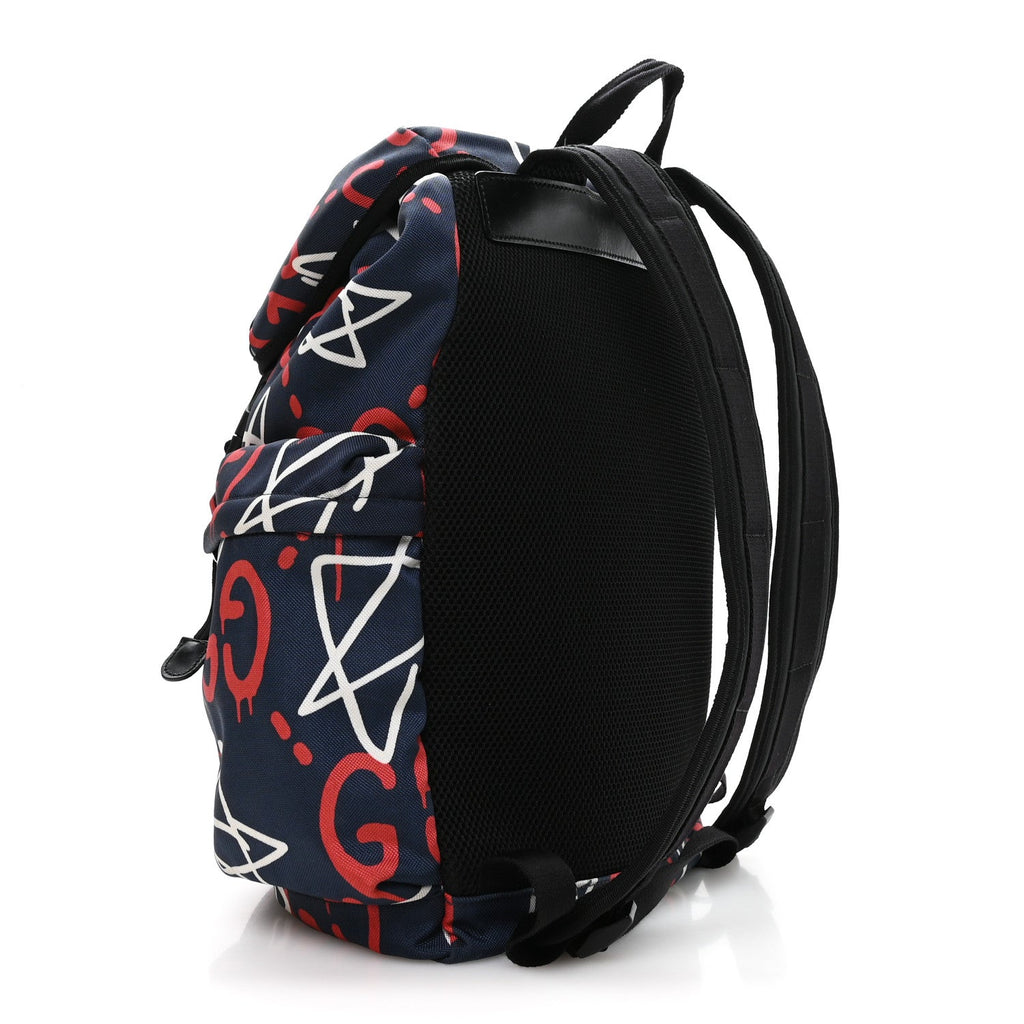 Techno Canvas GucciGhost Double Buckle Backpack Blue Agata Hibiscus Red