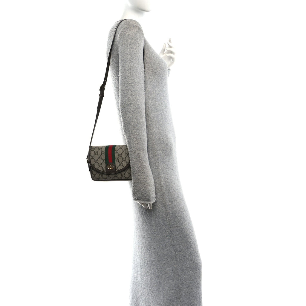 GG Supreme Monogram Textured Dollar Calfskin Mini Ophidia Flap Shoulder Bag Beige Ebony New Acero