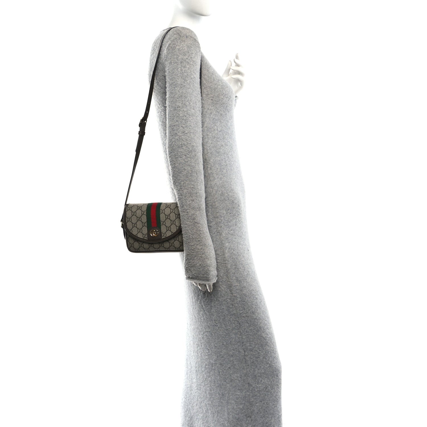 GG Supreme Monogram Textured Dollar Calfskin Mini Ophidia Flap Shoulder Bag Beige Ebony New Acero
