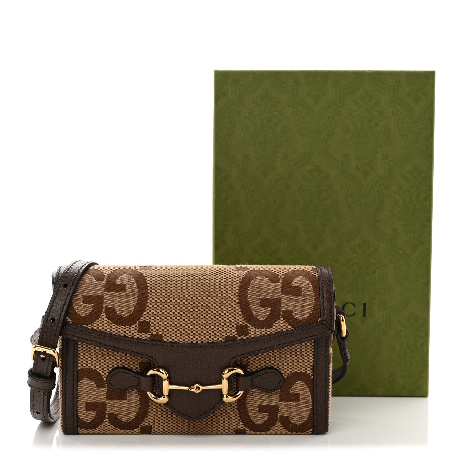 Monogram Jumbo GG Textured Dollar Calfskin Mini Horsebit 1955 Shoulder Bag Camel Ebony New Acero