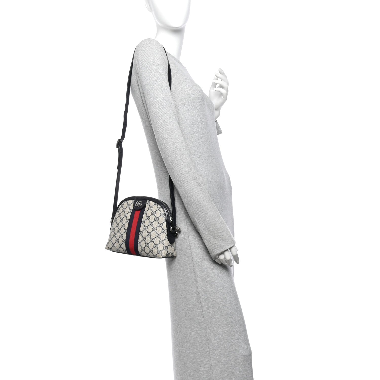 GG Supreme Monogram Textured Dollar Calfskin Web Small Ophidia Dome Shoulder Bag Beige Blue