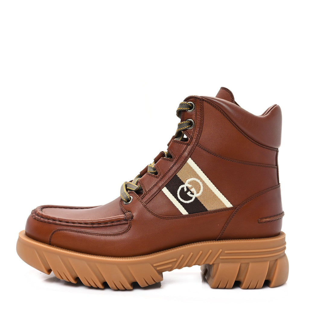 Quebec Calfskin Web Mens Interlocking G Lace Up Combat Up Combat Boots 8 Cuir Mystic White Ebony Beige