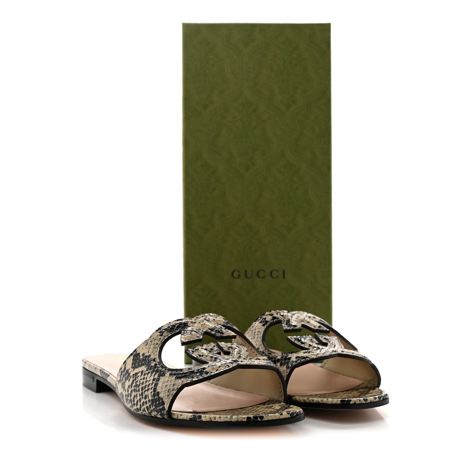 Calfskin Python Print Interlocking G Cut Out Slide Sandals 38.5 Beige Avana