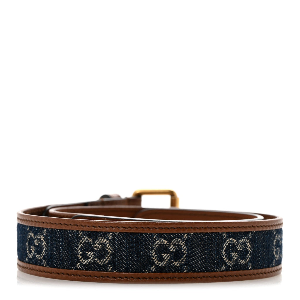 New Denim GG Monogram Dollar Calfskin Belt 65 26 Blue Tea Cuir Epilog