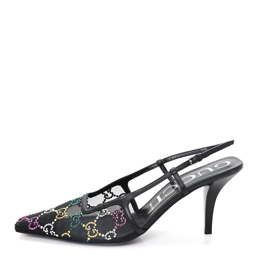 Tela Retino Nappa Charlotte Crystal GG Monogram Square G 75mm Slingback Pumps 39.5 Black