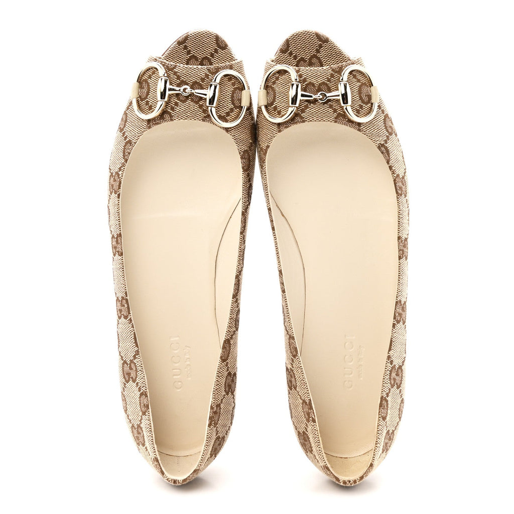 Monogram Miro Soft Calfskin Womens Horsebit Peep Toe Flats 6 Beige Ebony Mystic White