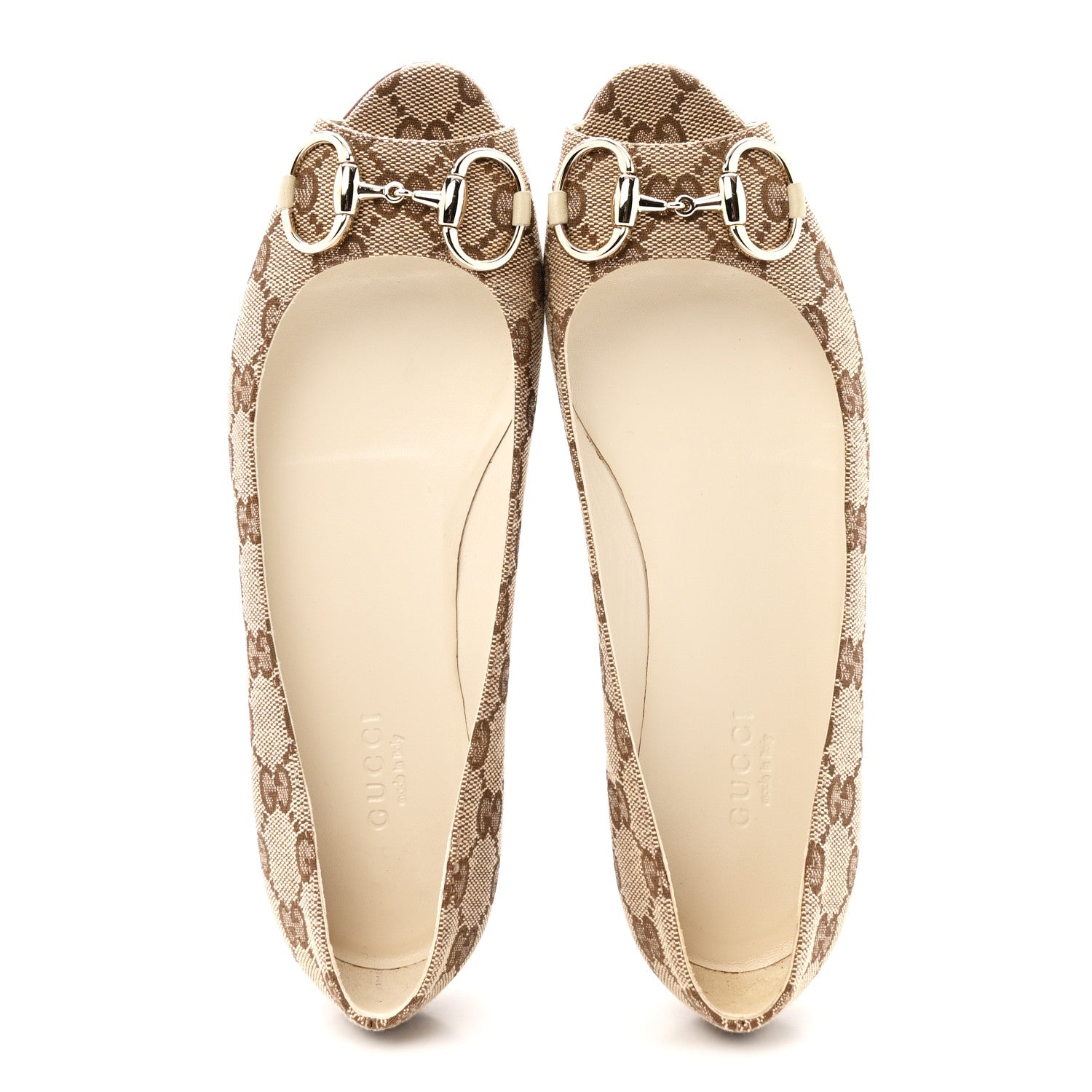 Monogram Miro Soft Calfskin Womens Horsebit Peep Toe Flats 6 Beige Ebony Mystic White