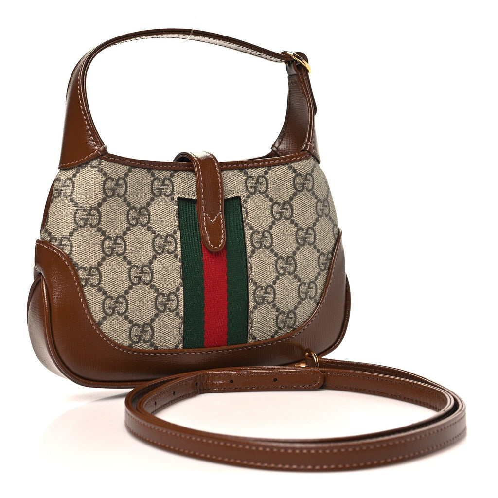 GG Supreme Monogram Azalea Calfskin Web Mini Jackie 1961 Hobo Beige Ebony Brown Sugar