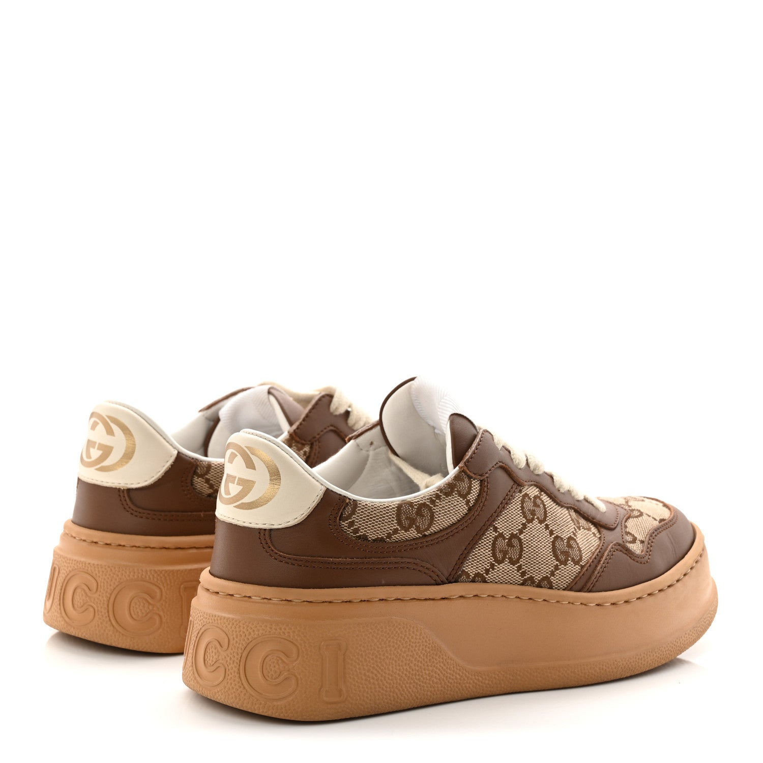 Calfskin GG Monogram Womens Platform 55mm Sneakers 35.5 Hezelnut Beige Ebony Mystic White