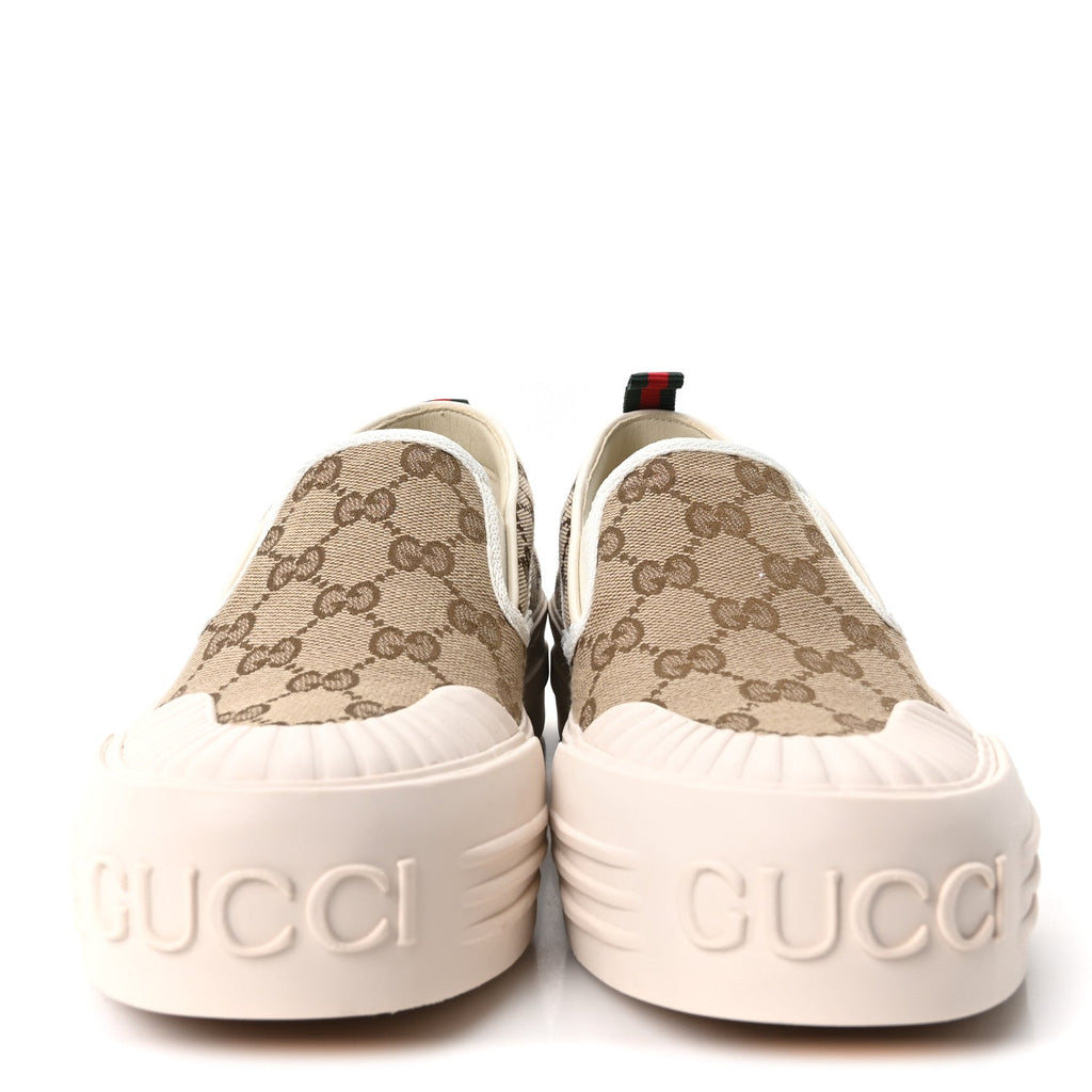 New Canvas GG Monogram Womens Slip On 30mm Sneakers 38 Beige Ebony Mystic White