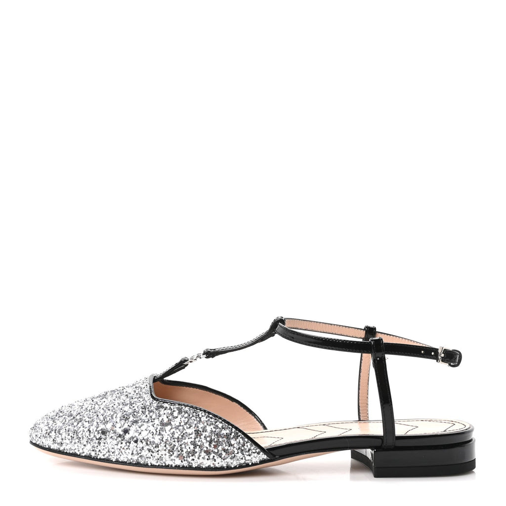 Calfskin Glitter Double G Slingback Flats 37 Silver Black