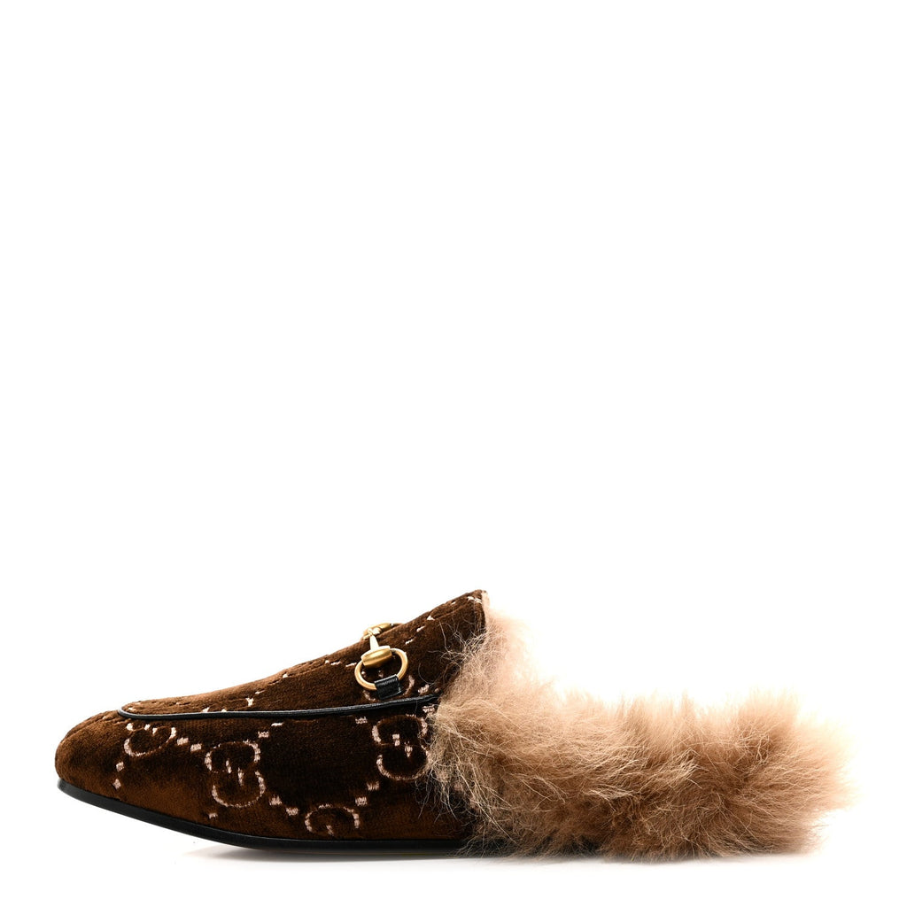 Velvet GG Monogram Fur Womens Princetown Slippers 38 Brown Black Natural