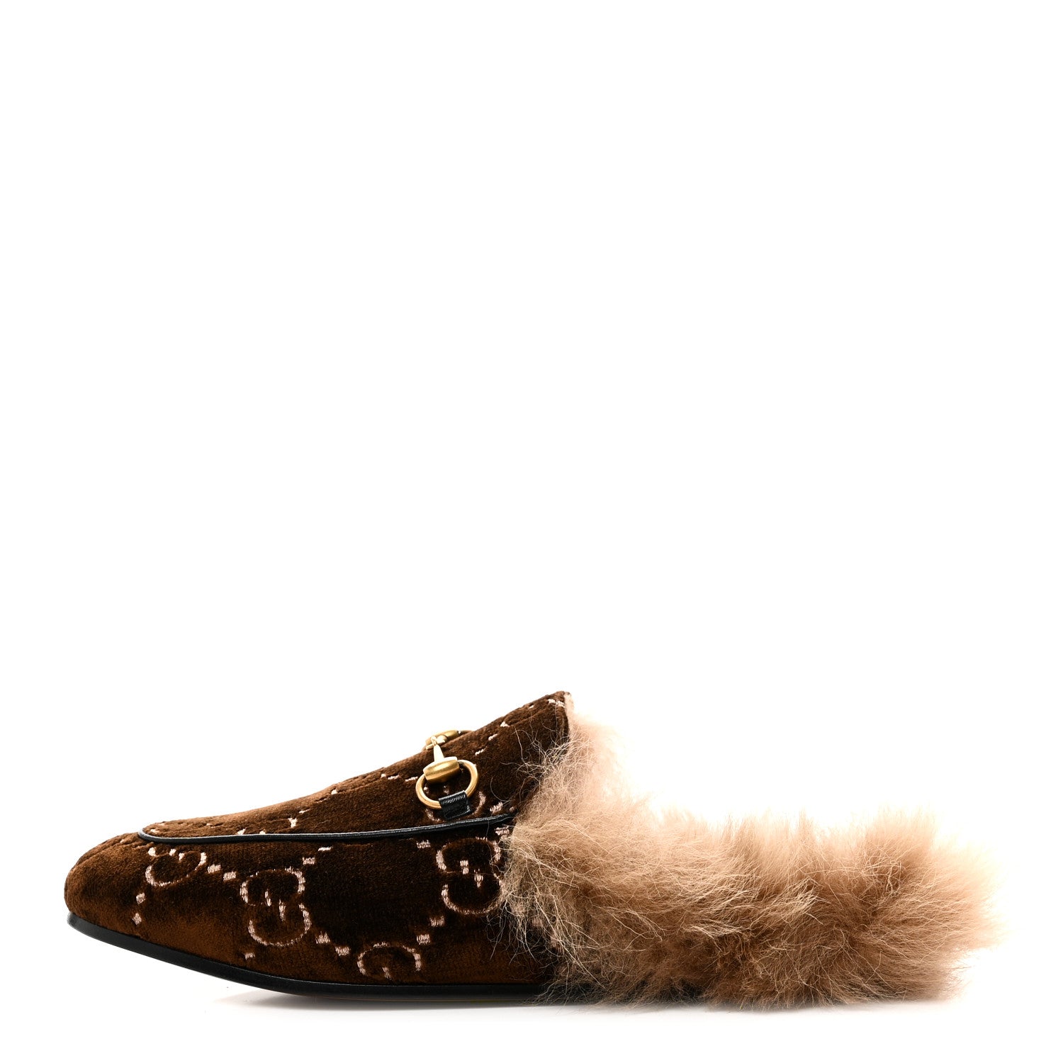 Velvet GG Monogram Fur Womens Princetown Slippers 38 Brown Black Natural