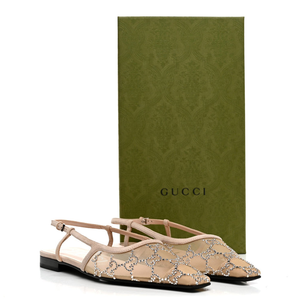 Suede Mesh Crystal GG Monogram Slingback Ballet Flats 37 Light Powder Skin Rose
