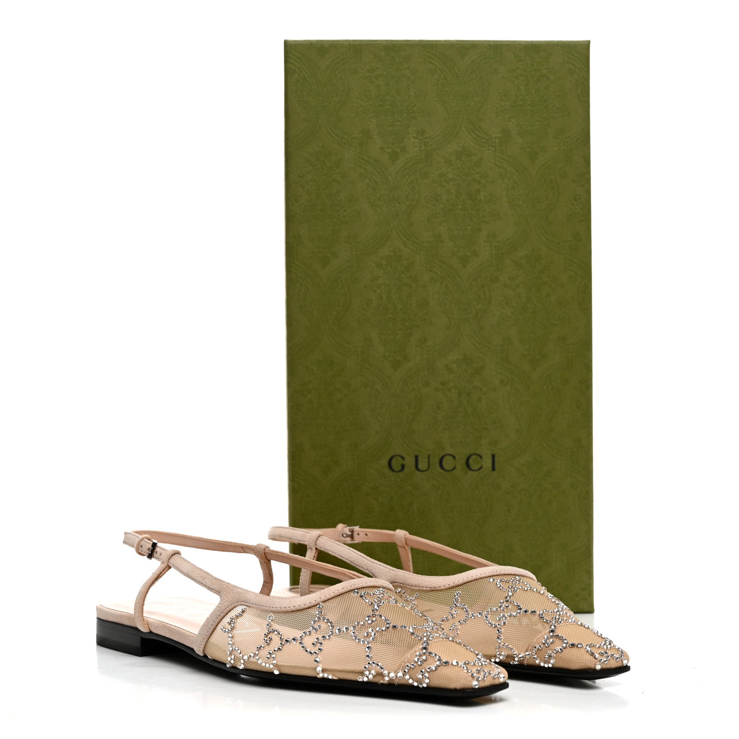 Suede Mesh Crystal GG Monogram Slingback Ballet Flats 37 Light Powder Skin Rose