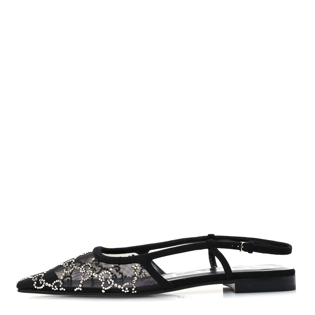 Suede Mesh Crystal GG Monogram Slingback Ballet Flats 39.5 Black 39 Black