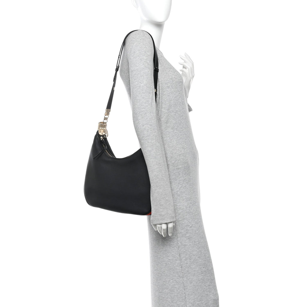 Aria Calfskin Web Large Attache Shoulder Bag Black