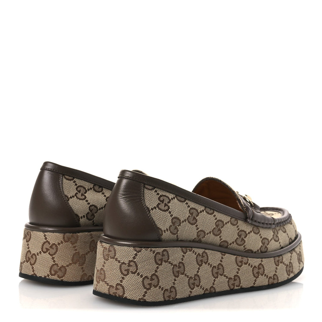Monogram Horsebit Calfskin Womens Horsebit Wedge Platform Loafers 37 Beige Ebony