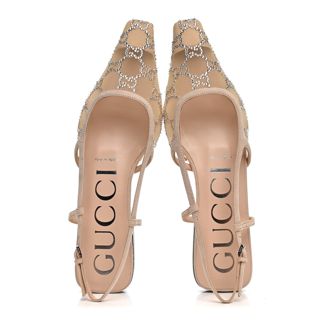 Suede Mesh Crystal GG Monogram Slingback Ballet Flats 37 Light Powder Skin Rose