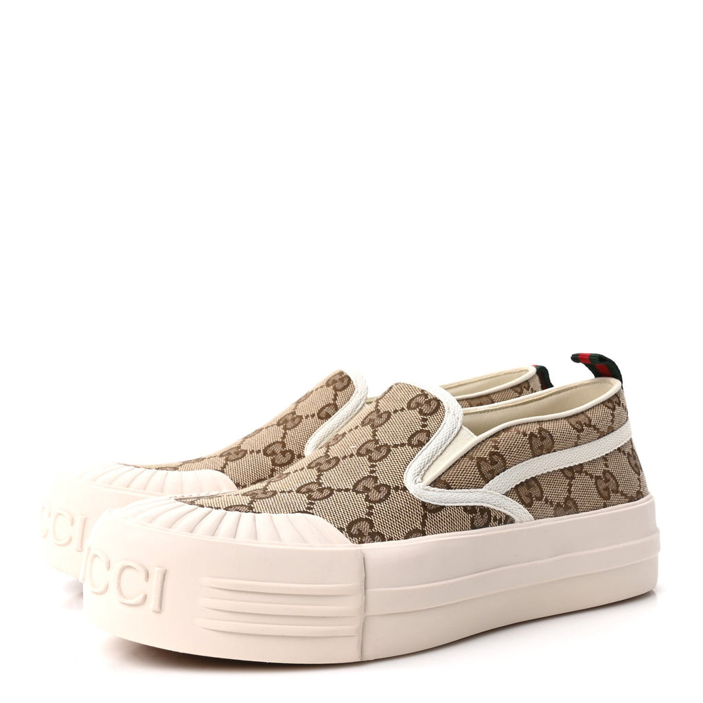 New Canvas GG Monogram Womens Slip On 30mm Sneakers 38 Beige Ebony Mystic White