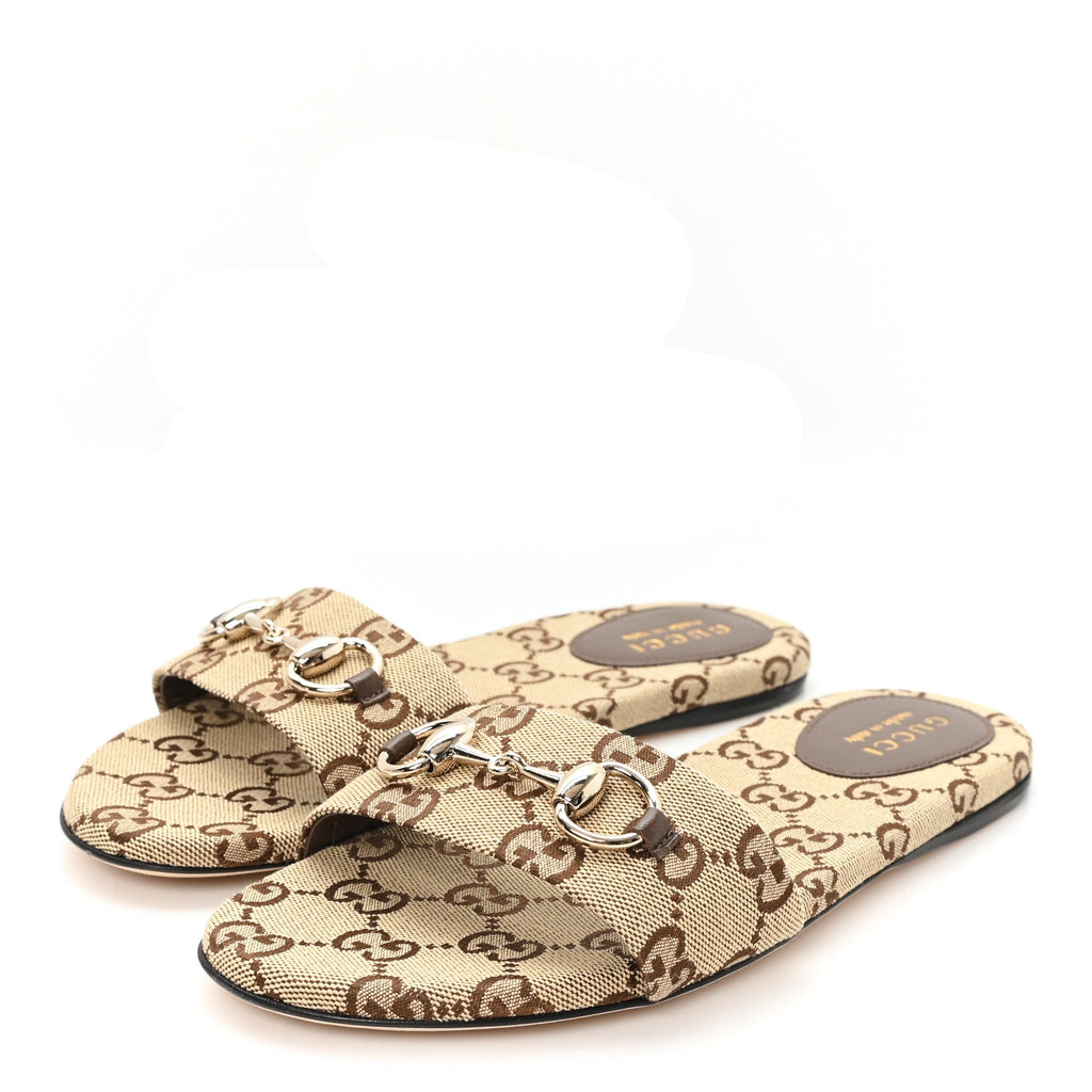 Monogram Horsebit Slide Sandals 37 Camel Ebony