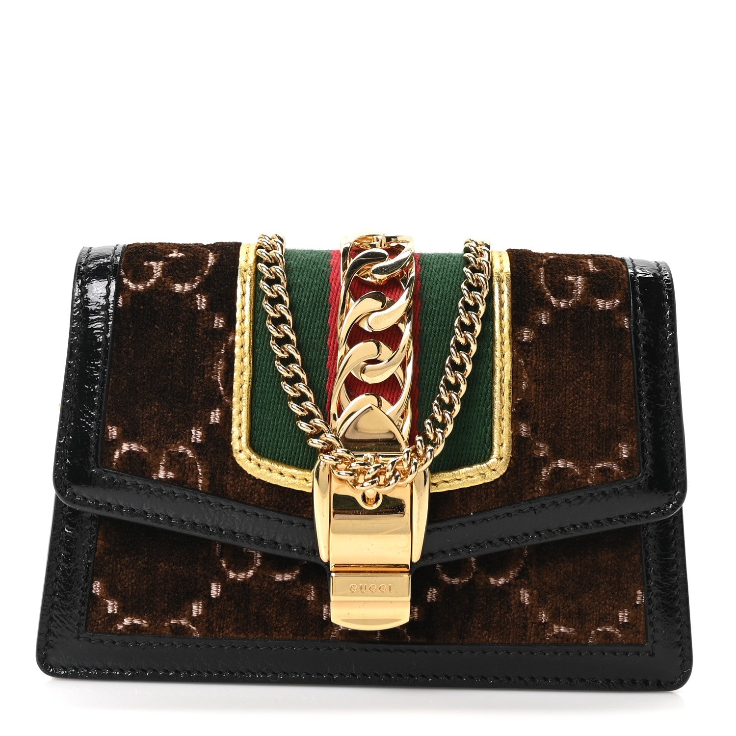 Velvet GG Monogram Web Super Mini Sylvie Chain Shoulder Bag Brown Black Oro Vecchio
