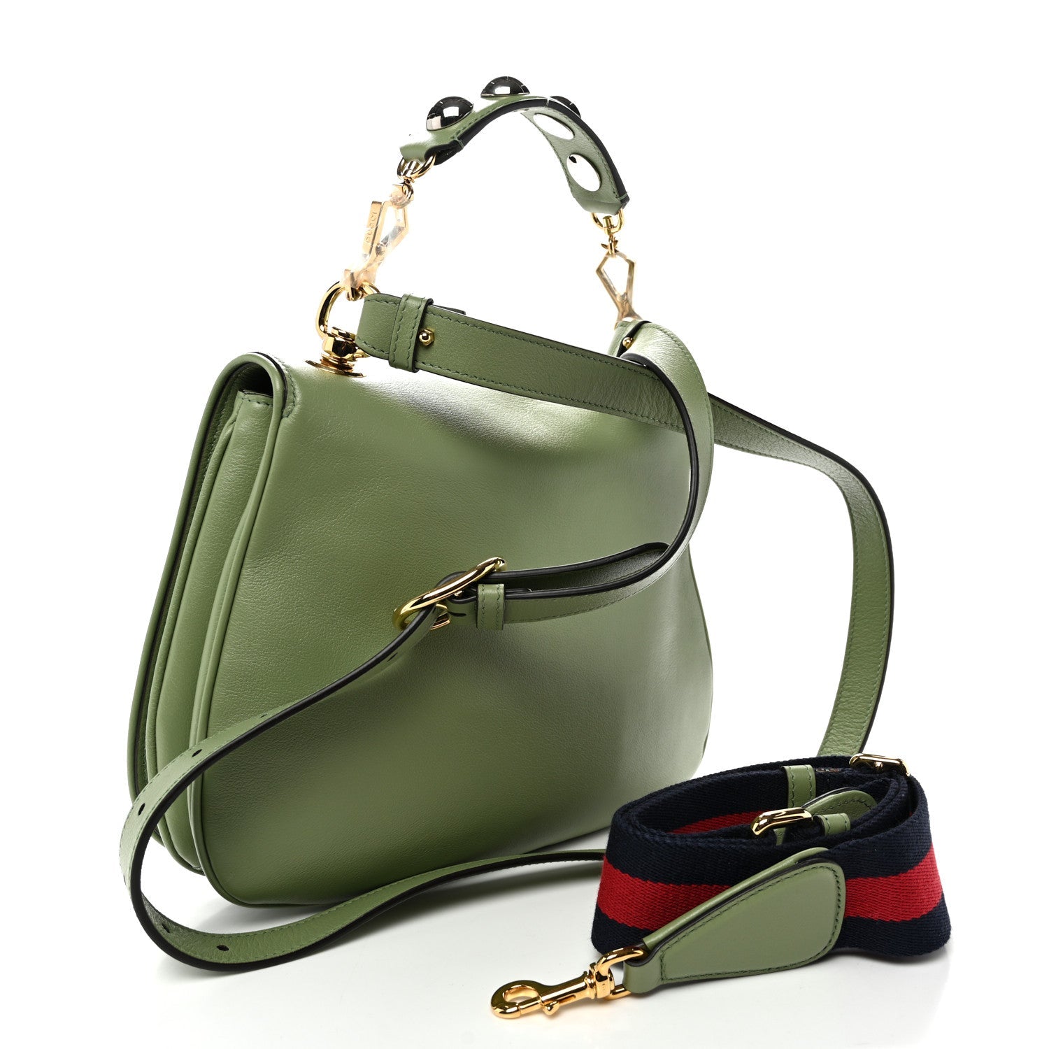 Roxy Calfskin Web Medium Blondie Top Handle Shoulder Flap Bag Salamander Green