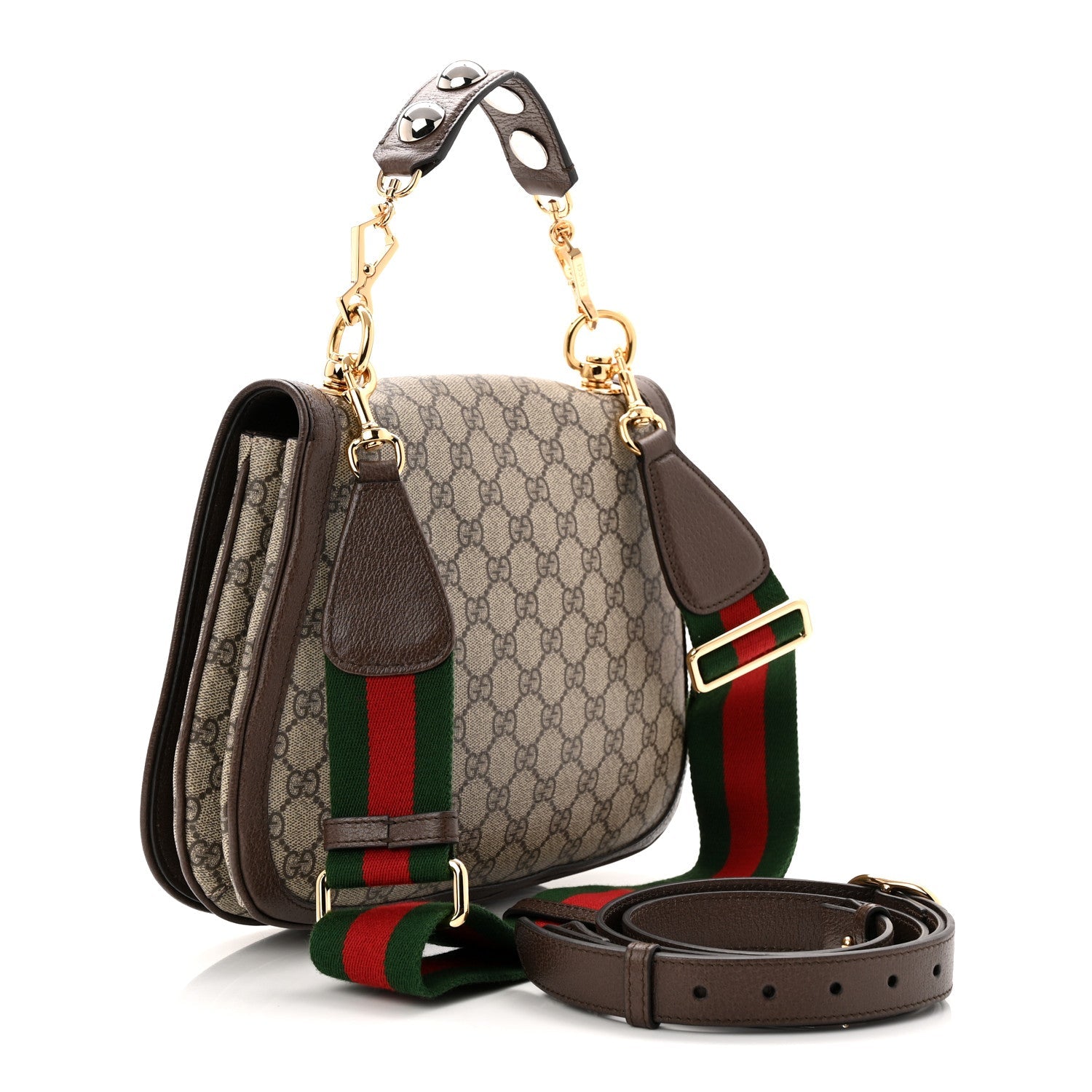 GG Supreme Monogram Textured Dollar Calfskin Web Medium Blondie Top Handle Shoulder Flap Bag Beige Ebony New Acero