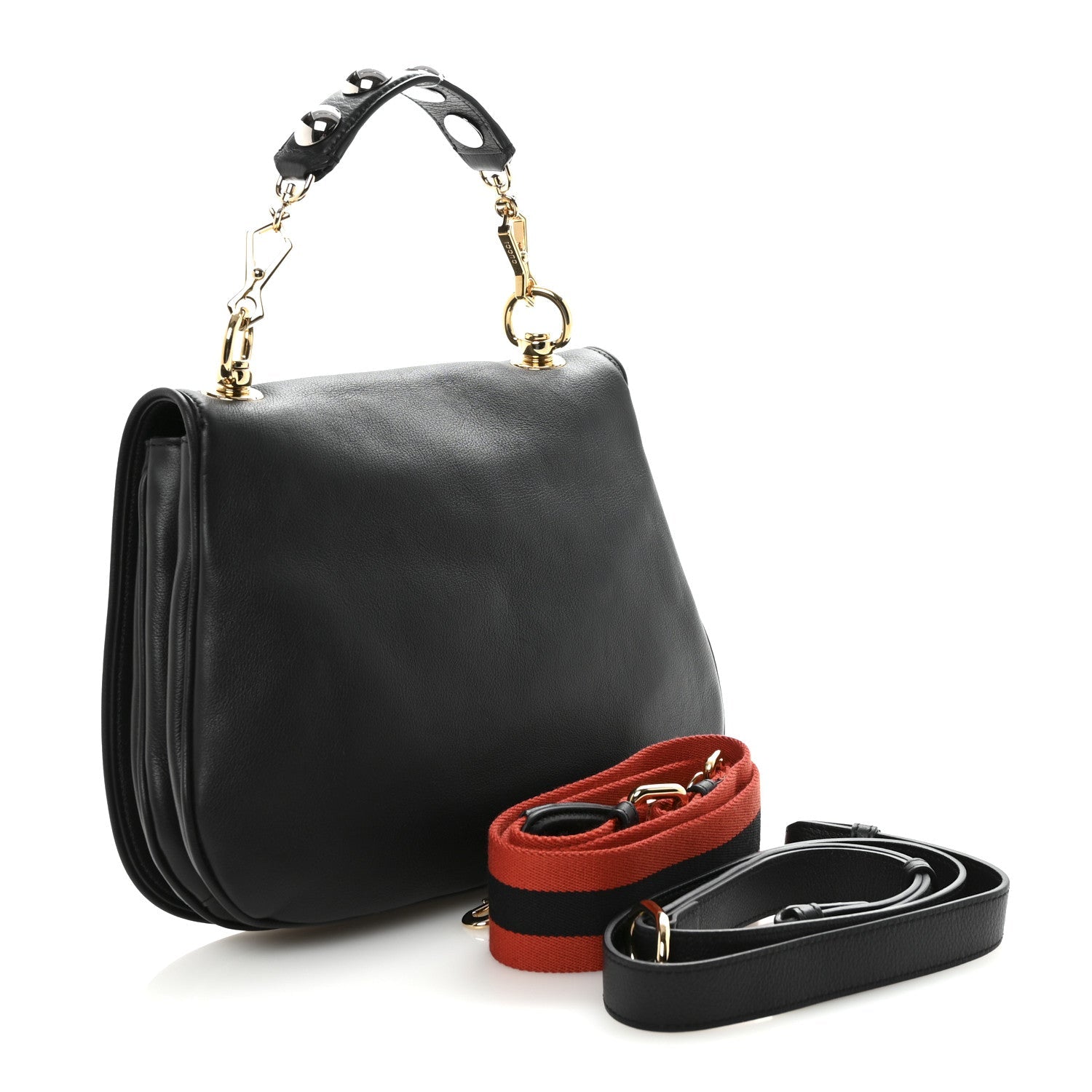 Roxy Calfskin Web Medium Studded Blondie Shoulder Flap Bag Black