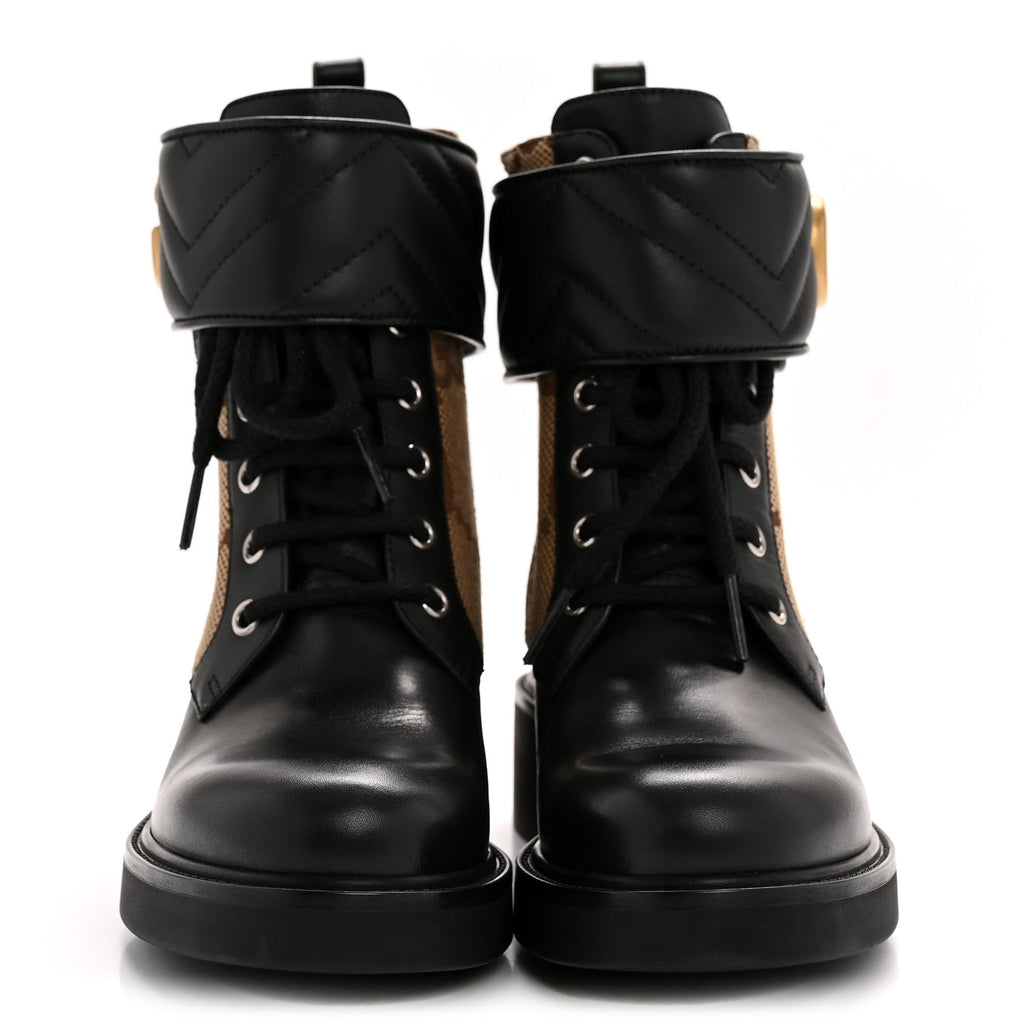 Flores Calfskin Monogram Maxi GG Nappa Matelasse Double G 40mm Ankle Boots 36.5 Black Camel Ebony