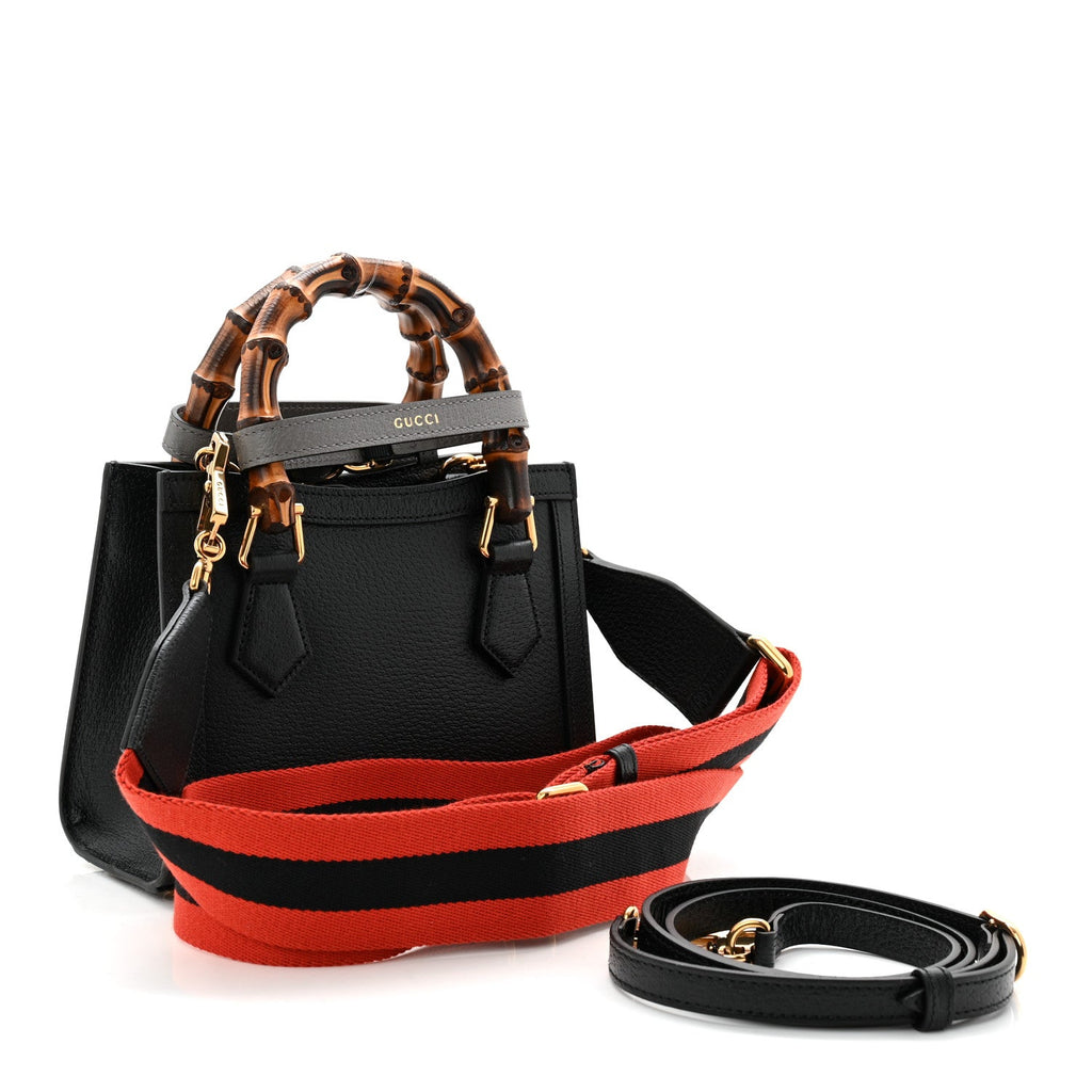 Textured Dollar Calfskin Web Mini Diana Tote Bag Black