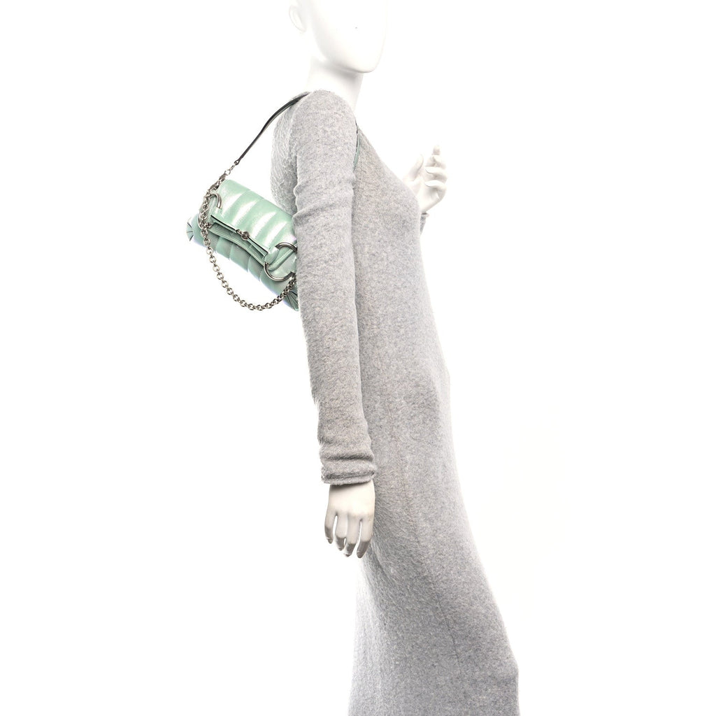 Iridescent Nappa Vertical Matelasse Small Maxi Horsebit Chain Shoulder Bag Iridescent Salvy Green