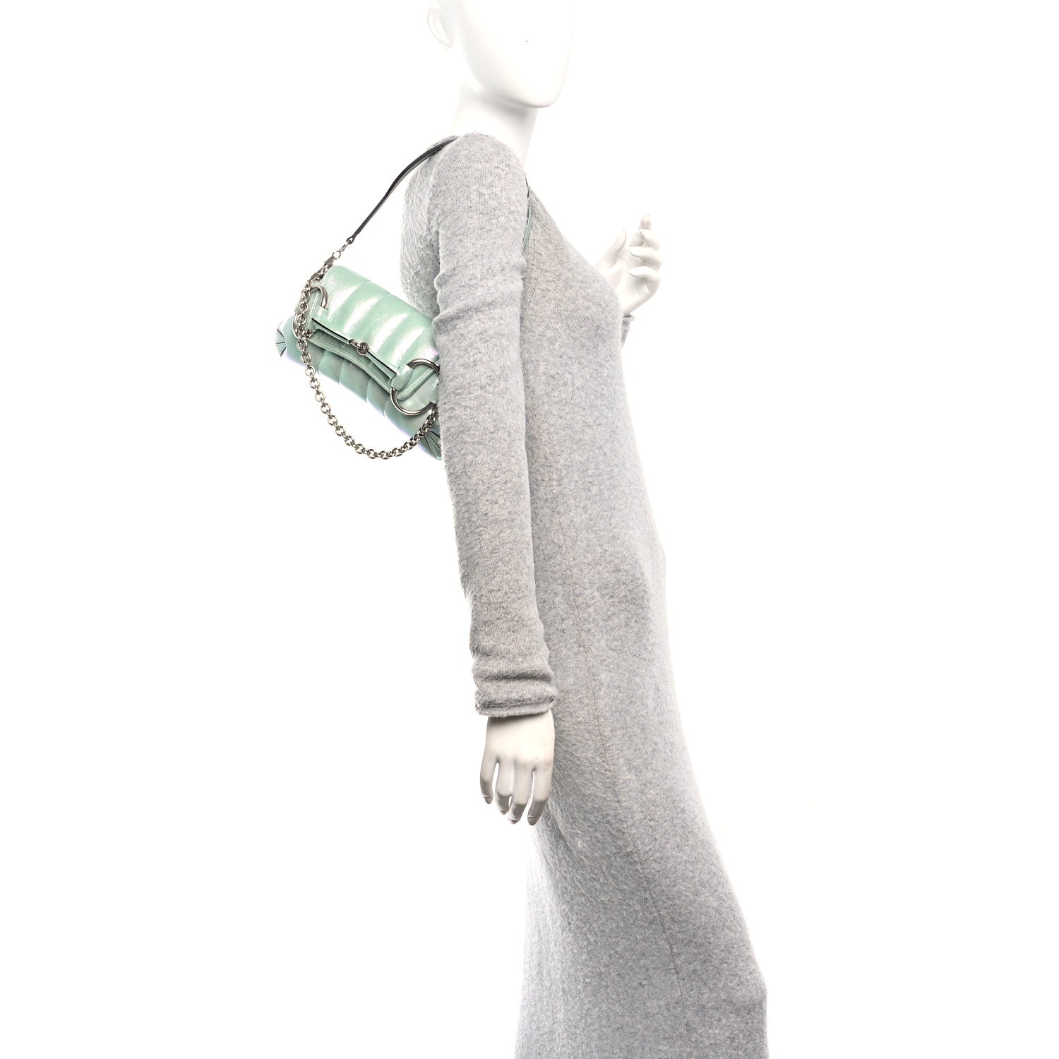 Iridescent Nappa Vertical Matelasse Small Maxi Horsebit Chain Shoulder Bag Iridescent Salvy Green