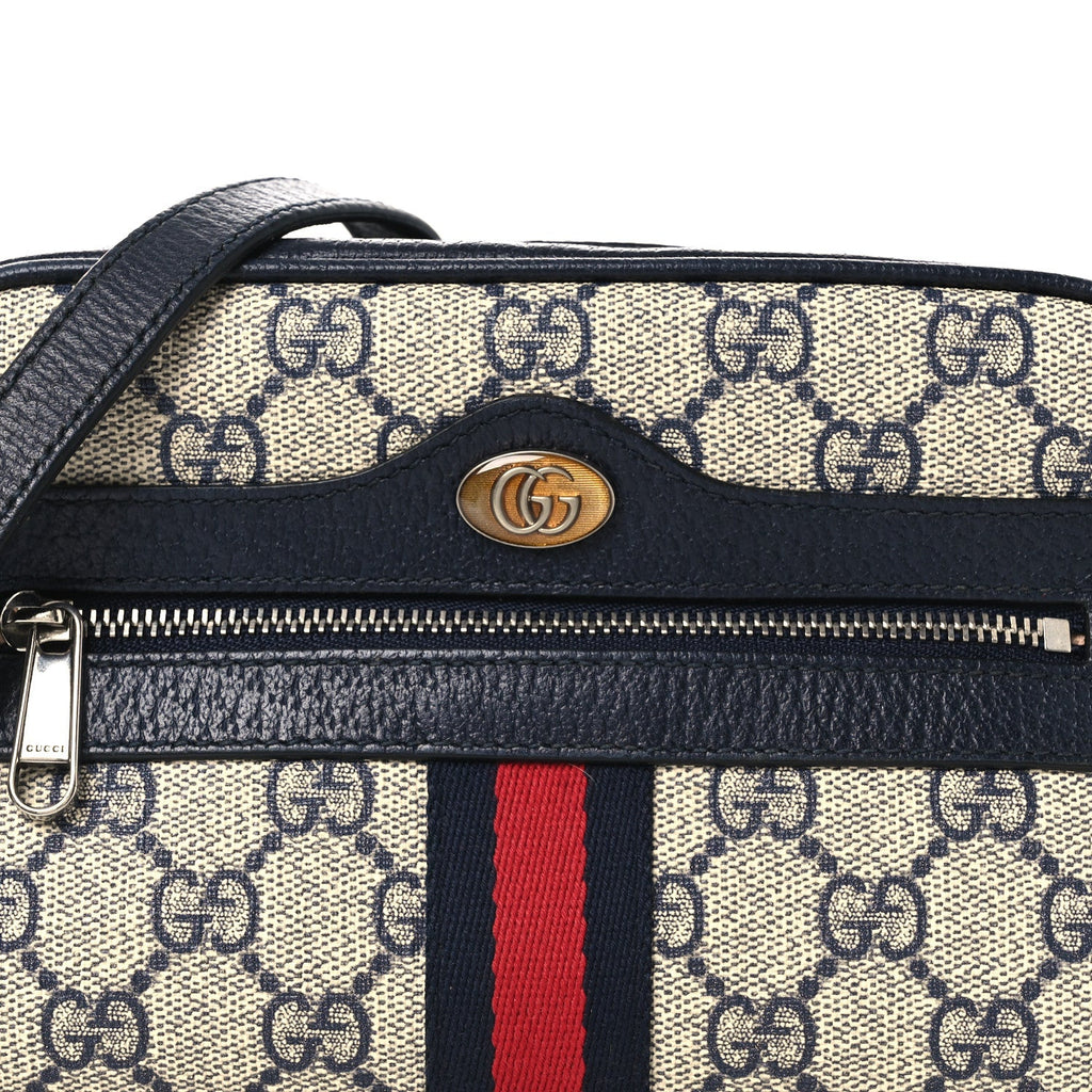 GG Supreme Monogram Textured Dollar Calfskin Web Mini Ophidia Shoulder Bag Beige Blue