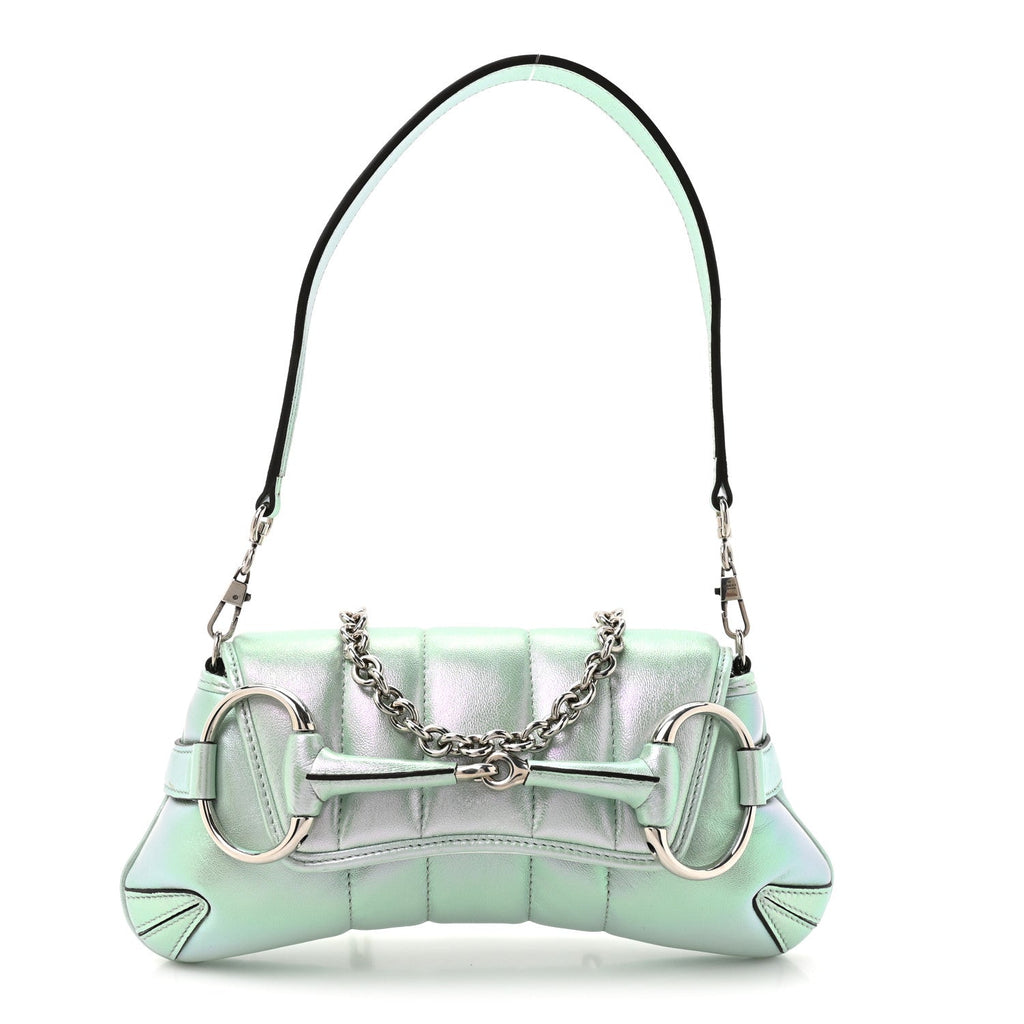 Iridescent Nappa Vertical Matelasse Small Maxi Horsebit Chain Shoulder Bag Iridescent Salvy Green