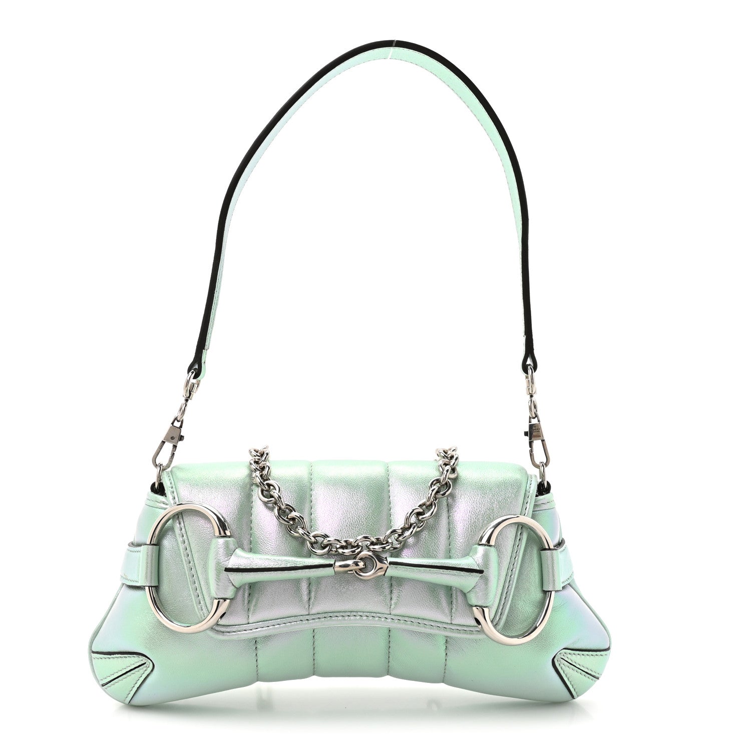 Iridescent Nappa Vertical Matelasse Small Maxi Horsebit Chain Shoulder Bag Iridescent Salvy Green