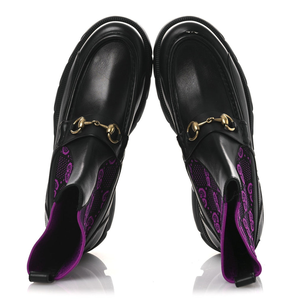 Quebec Calfskin Technical Jersey Knit GG Monogram Horsebit Ankle Boots 42 Black Fucsia