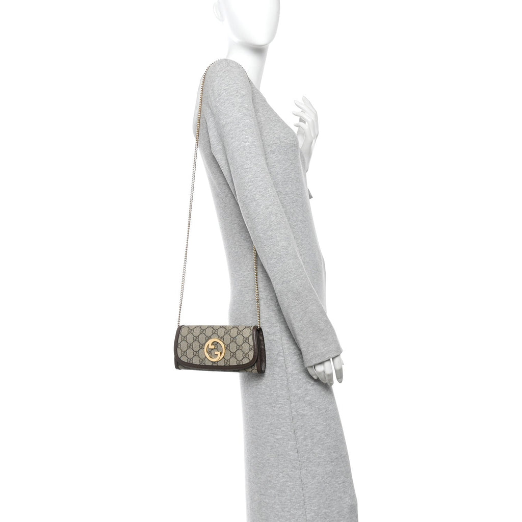 GG Supreme Monogram Textured Dollar Calfskin Blondie Continental Chain Wallet Beige Ebony New Acero