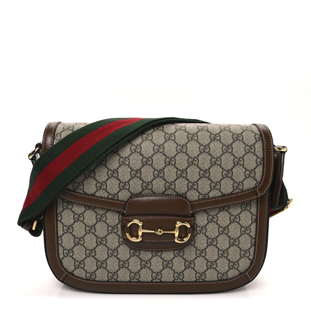 GG Supreme Monogram Azalea Calfskin Web Medium Horsebit 1955 Shoulder Bag Beige Ebony Brown Sugar