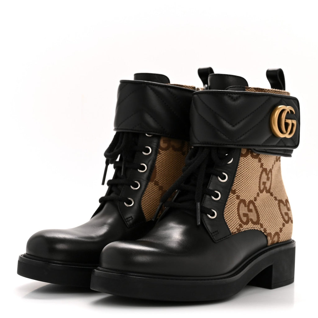 Flores Calfskin Monogram Maxi GG Nappa Matelasse Double G 40mm Ankle Boots 36.5 Black Camel Ebony