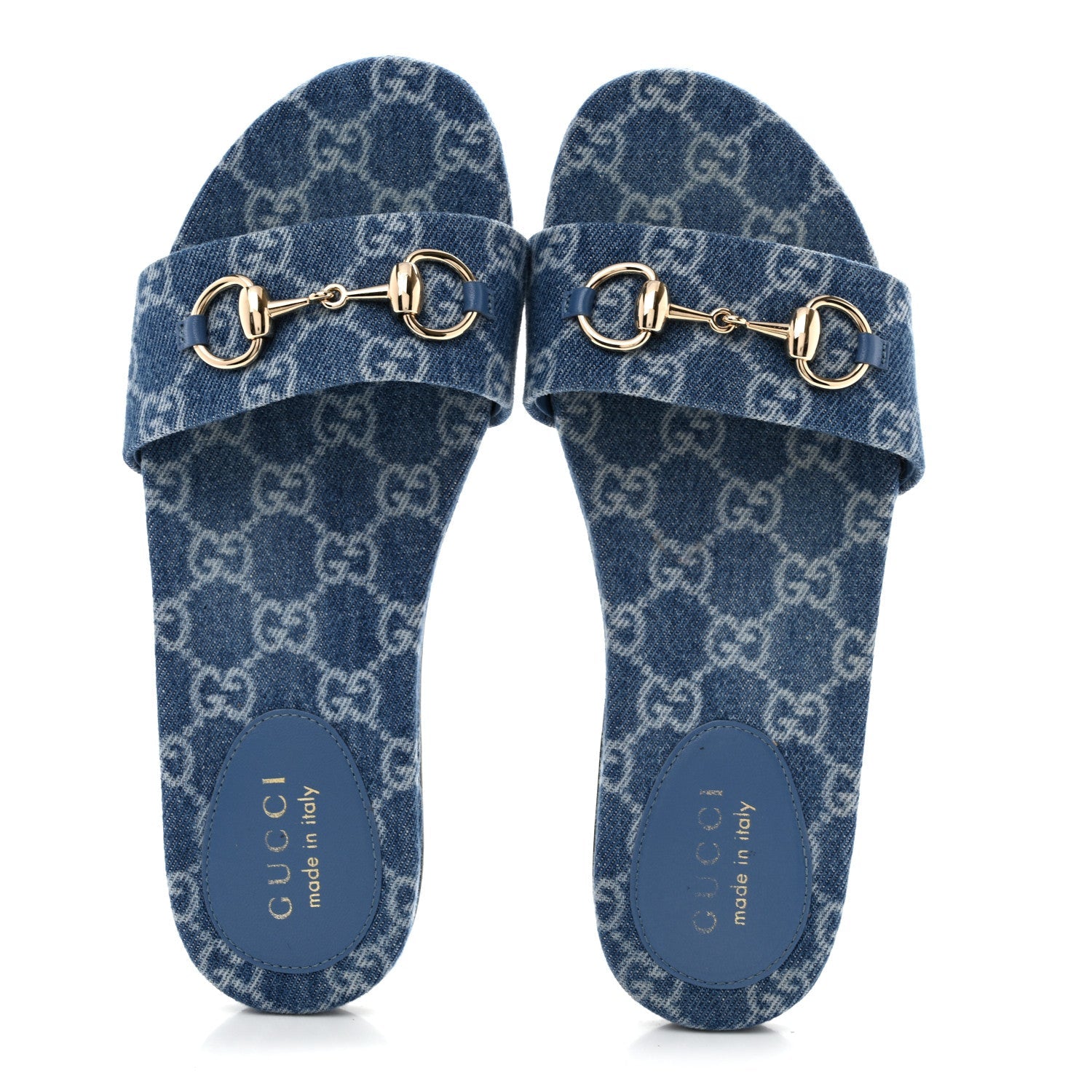 New Denim GG Monogram Horsebit Flat Slide Sandals 36 Blue