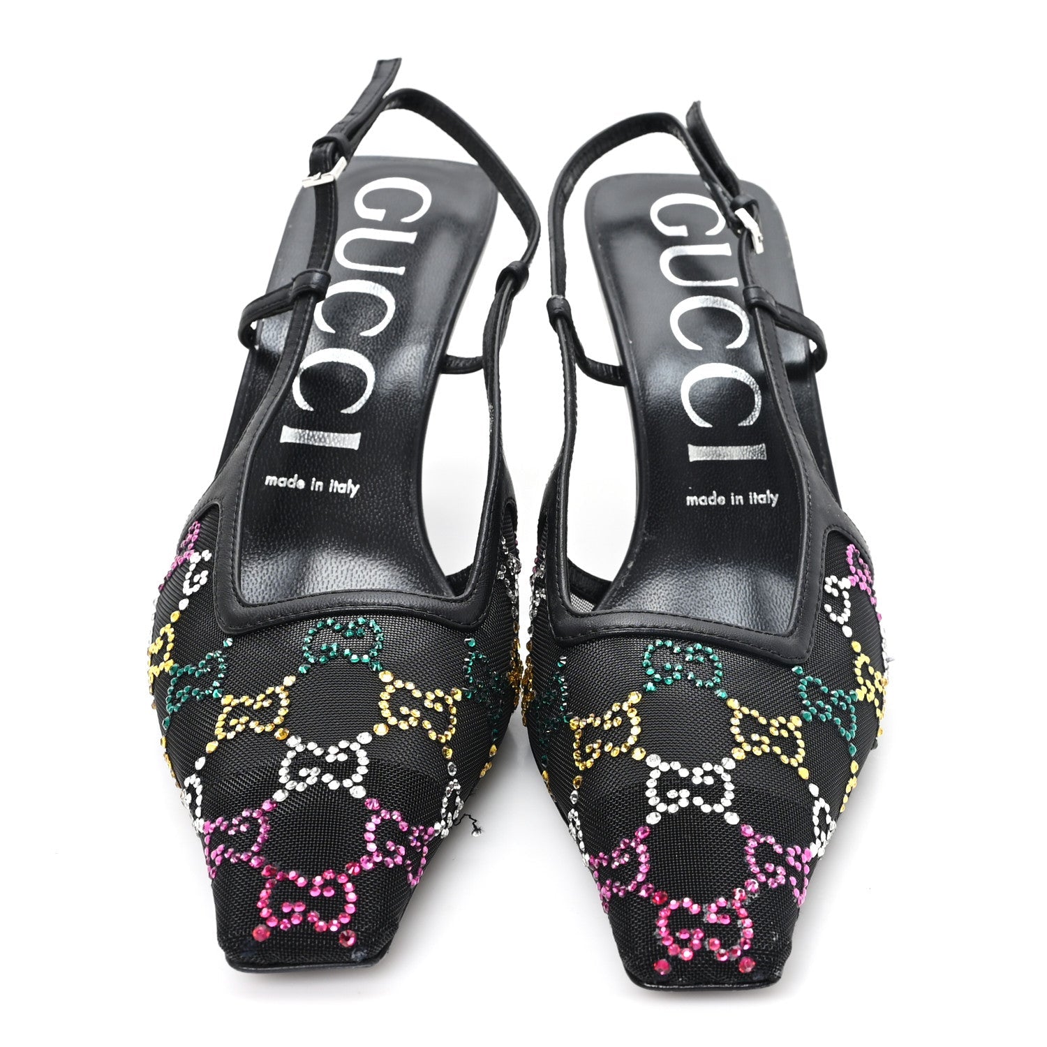Tela Retino Nappa Charlotte Crystal GG Monogram Square G 75mm Slingback Pumps 39.5 Black