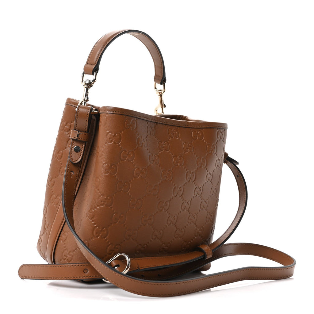 GG Calfskin Embossed Emblem Small Bucket Bag Brown