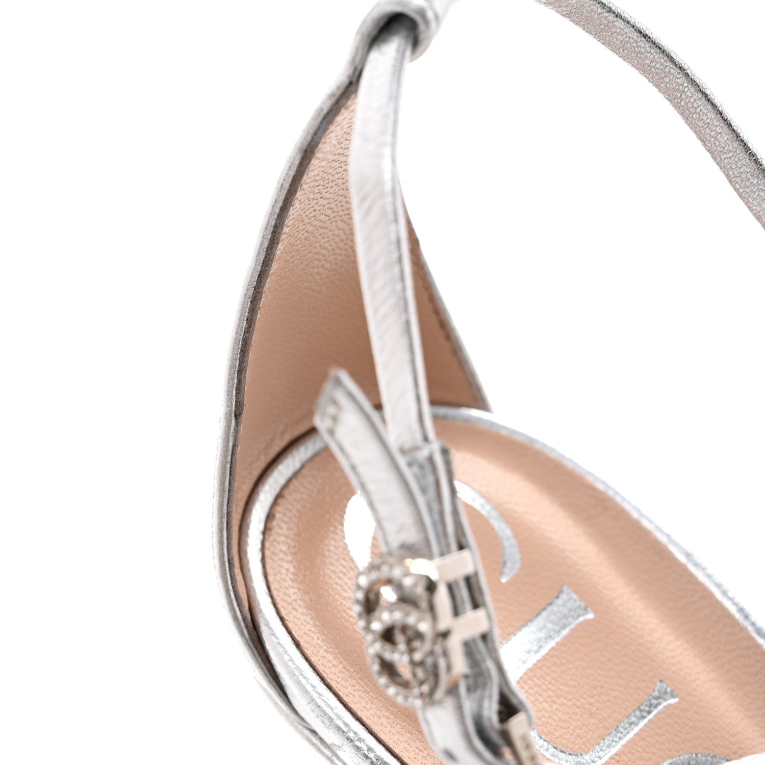 Nappa Silk Crystal GG Ankle Strap High Heel Sandals 38.5 Argento