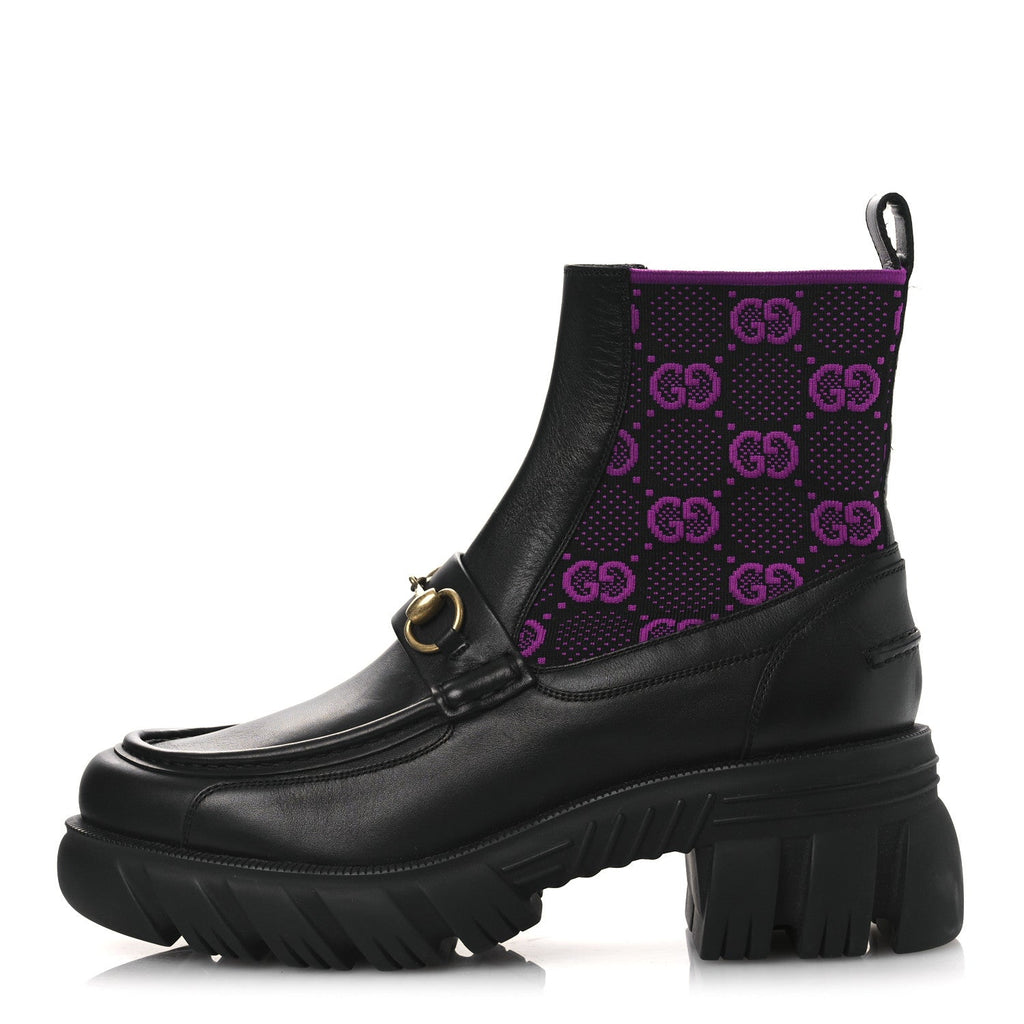 Quebec Calfskin Technical Jersey Knit GG Monogram Horsebit Ankle Boots 42 Black Fucsia