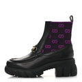 Quebec Calfskin Technical Jersey Knit GG Monogram Horsebit Ankle Boots 42 Black Fucsia