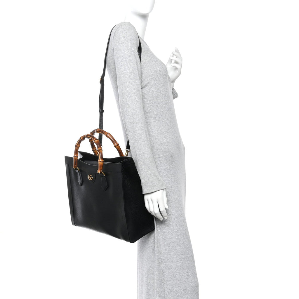 Textured Dollar Calfskin Web Medium Diana Tote Bag Black Dusty Grey